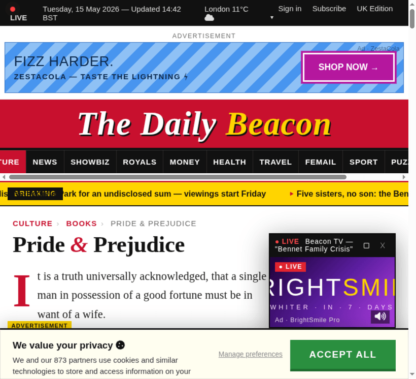 Article page before Maylo, with ads and visual distractions